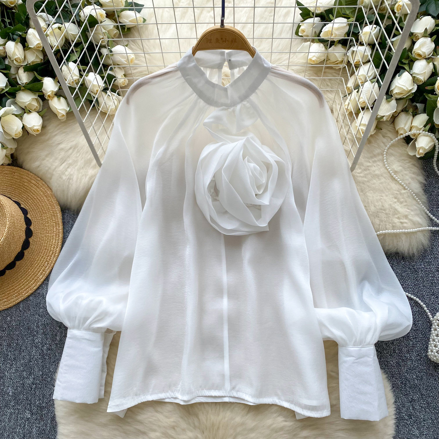 Womens Mock Neck 3D Flower Long Lantern Sleeves Mesh Shirt Fashion Tops - Picture 27 of 30