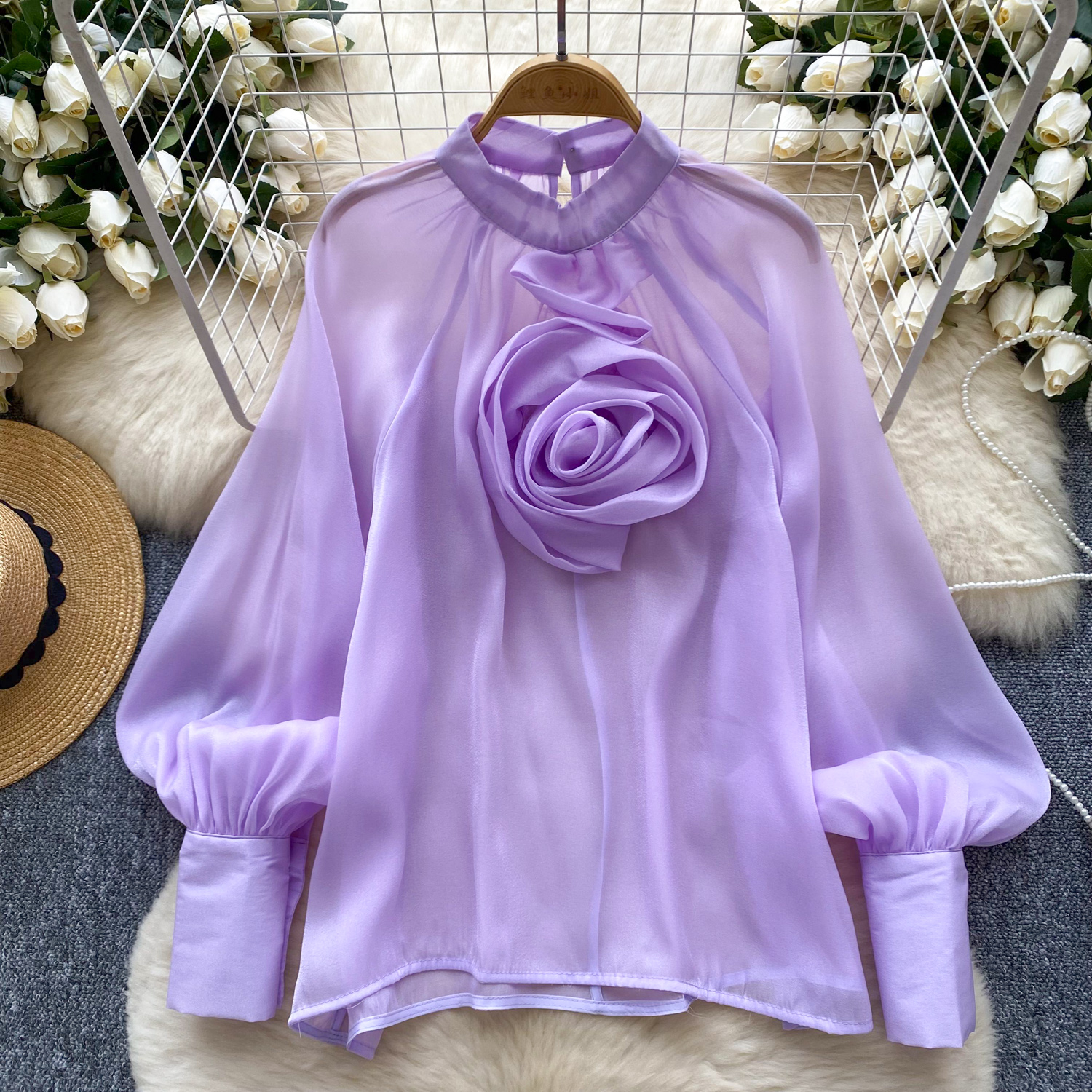 Womens Mock Neck 3D Flower Long Lantern Sleeves Mesh Shirt Fashion Tops - Picture 28 of 30