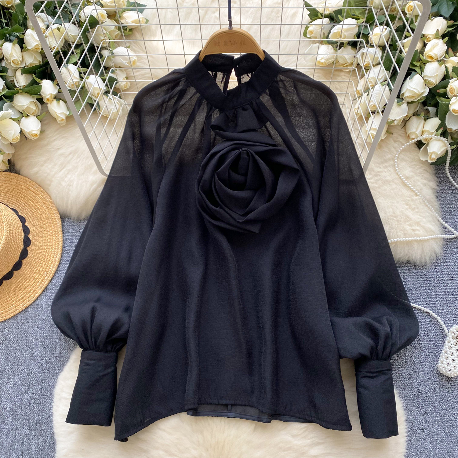 Womens Mock Neck 3D Flower Long Lantern Sleeves Mesh Shirt Fashion Tops - Picture 30 of 30