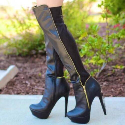 Women Over The Knee Boots Pu Leather Shoes Side Zip Stilettos Pumps Fashion Heel