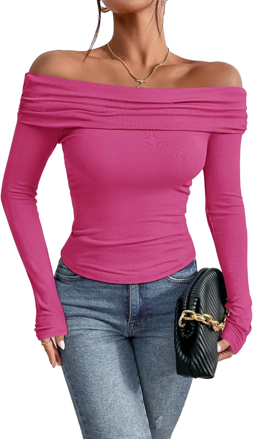Women's Sexy Off Shoulder Tops Slim Fit Long Sleeves Blouse Nightout Shirt - Picture 35 of 37