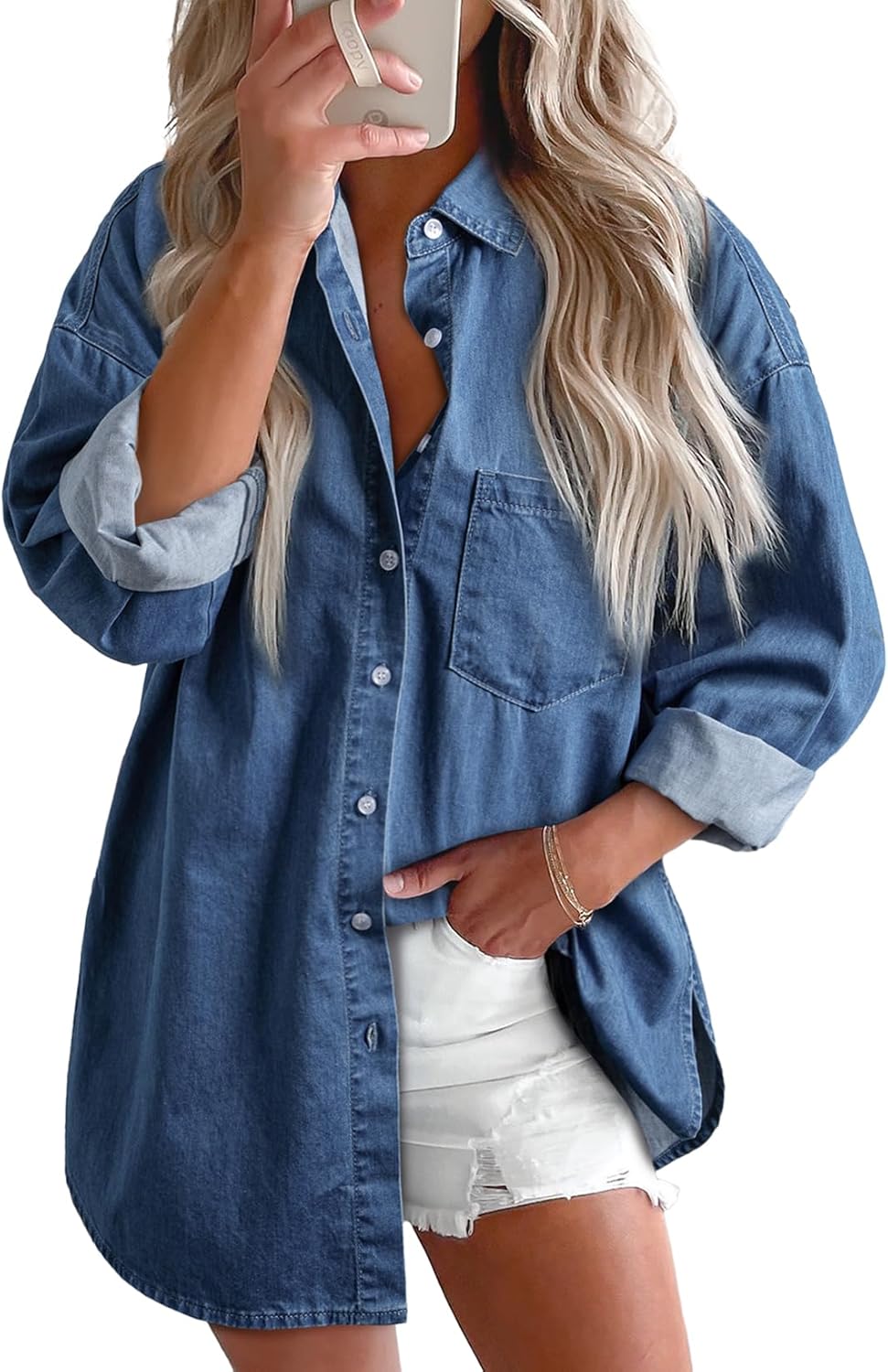 Women Denim Shirts Button Down Blouse Long Sleeve V Neck Casual Top - Picture 17 of 26