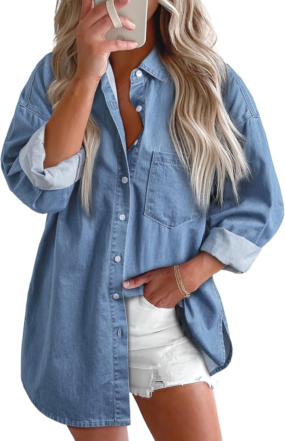 Women Denim Shirts Button Down Blouse Long Sleeve V Neck Casual Top - Picture 18 of 26