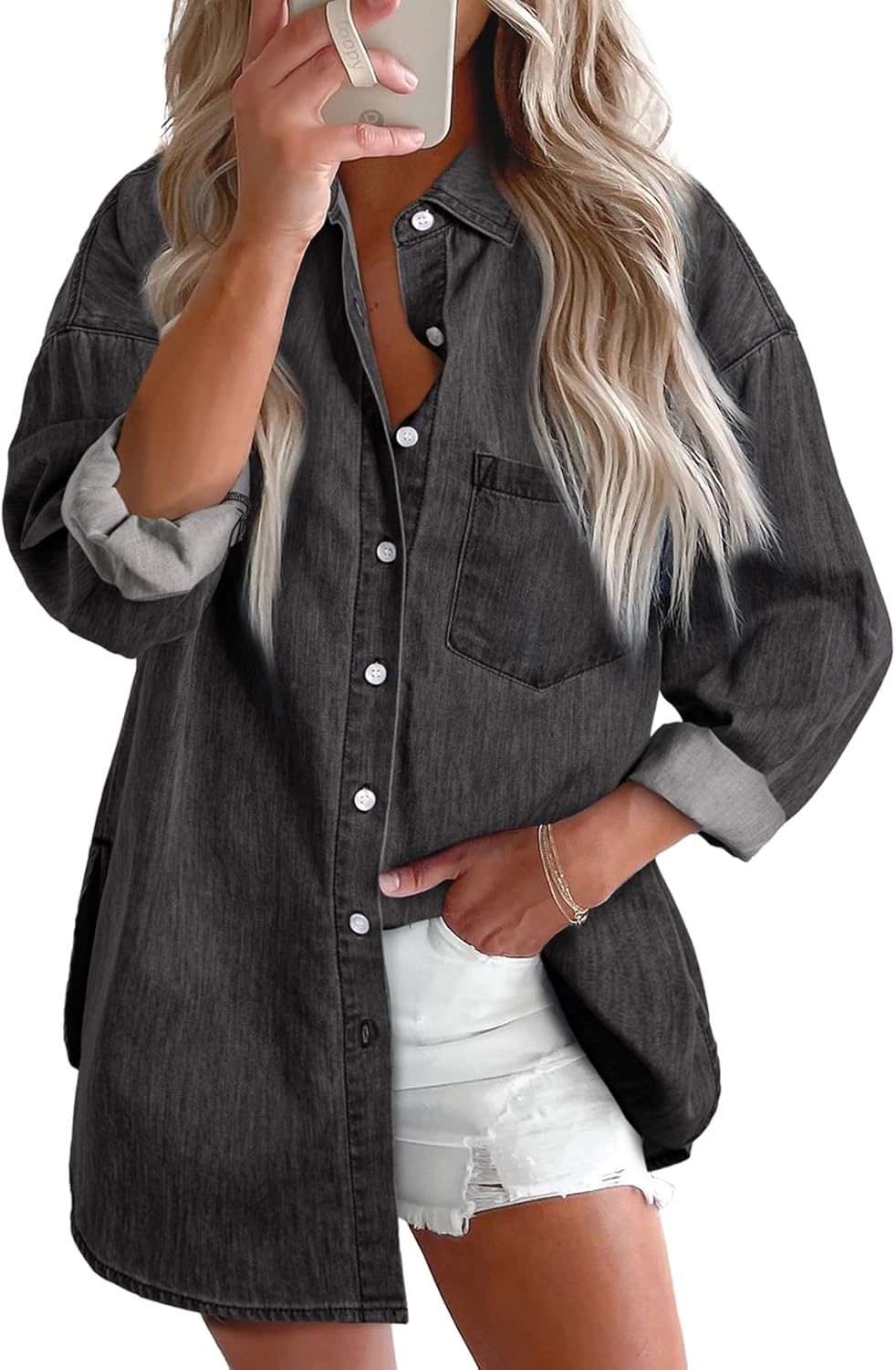 Women Denim Shirts Button Down Blouse Long Sleeve V Neck Casual Top - Picture 20 of 26