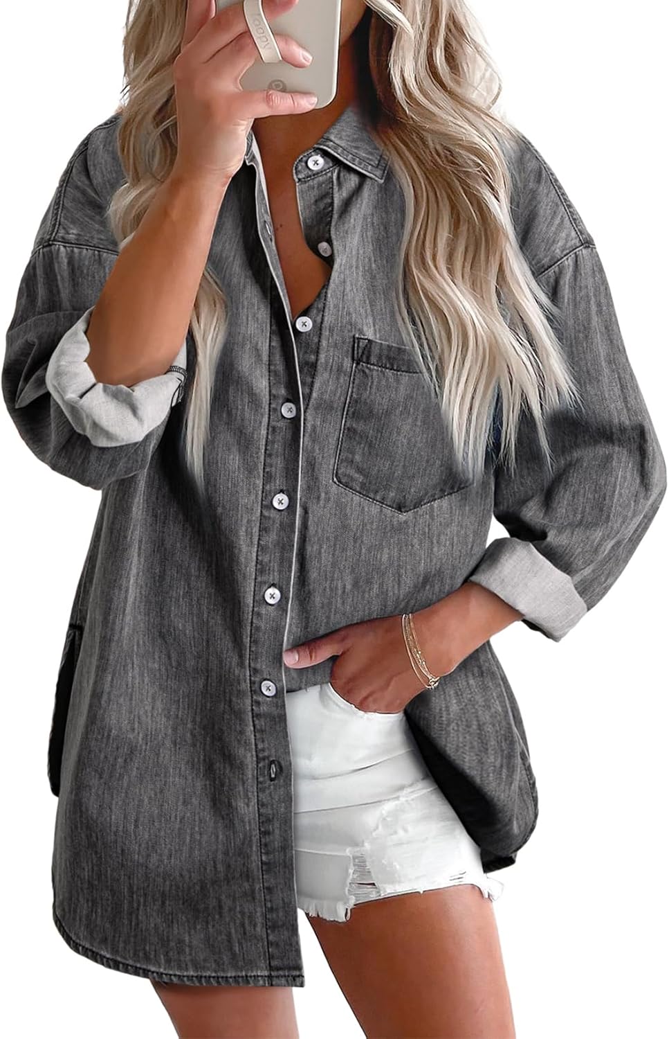 Women Denim Shirts Button Down Blouse Long Sleeve V Neck Casual Top - Picture 21 of 26