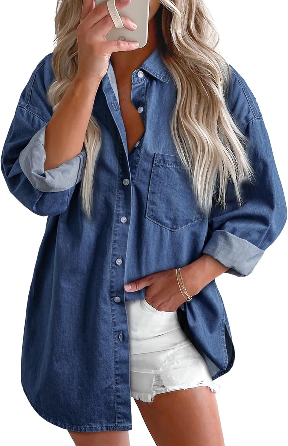 Women Denim Shirts Button Down Blouse Long Sleeve V Neck Casual Top - Picture 22 of 26