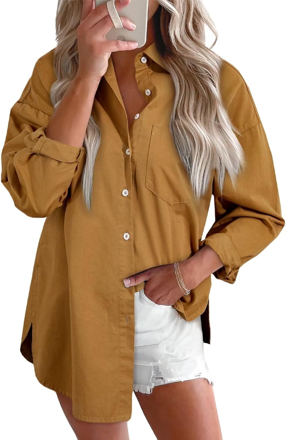 Women Denim Shirts Button Down Blouse Long Sleeve V Neck Casual Top - Picture 24 of 26