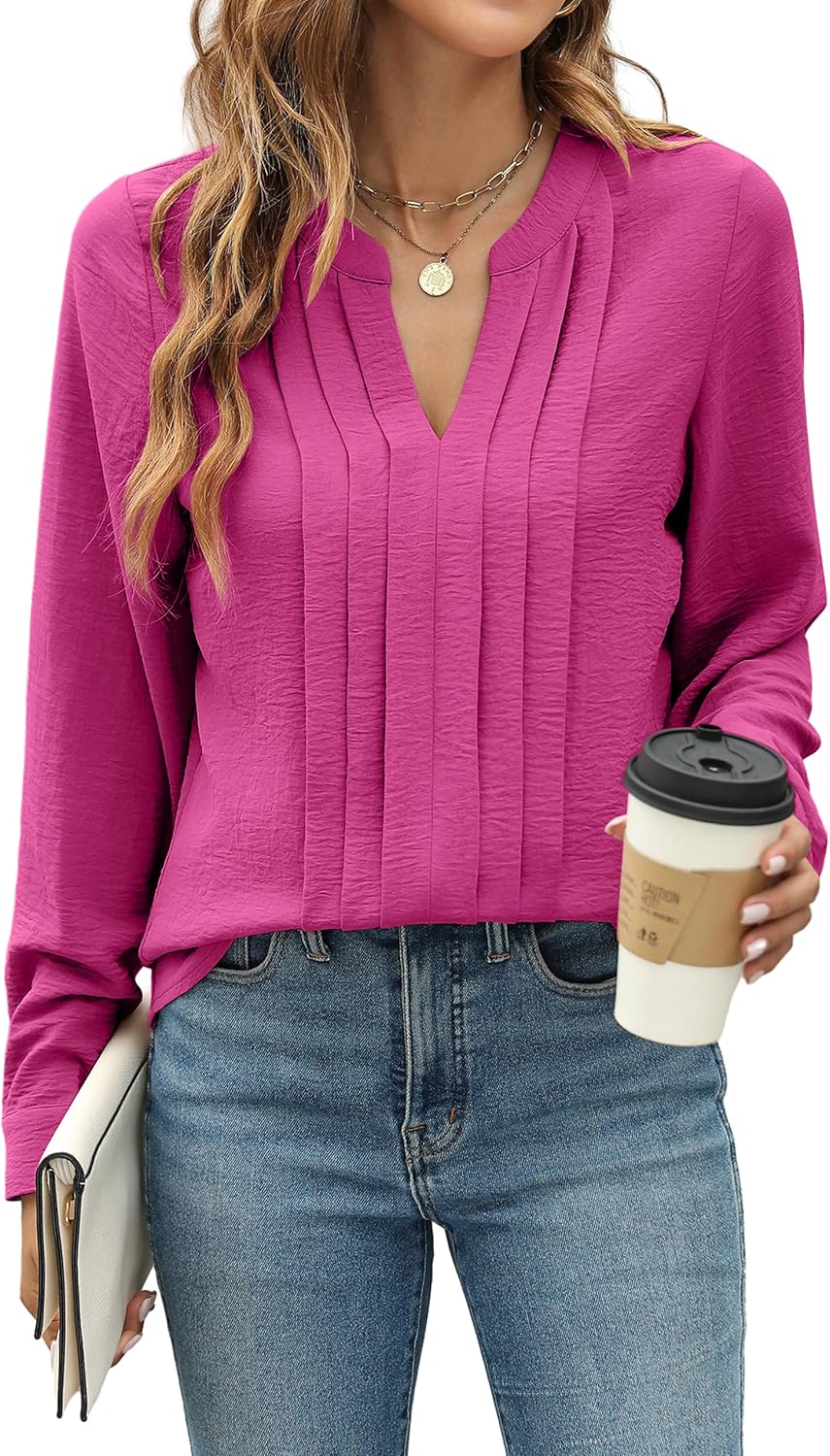 Womens Dressy Casual Blouses Work Tops Long Sleeve V Neck Pleated Shirts Outfits - Picture 31 of 44