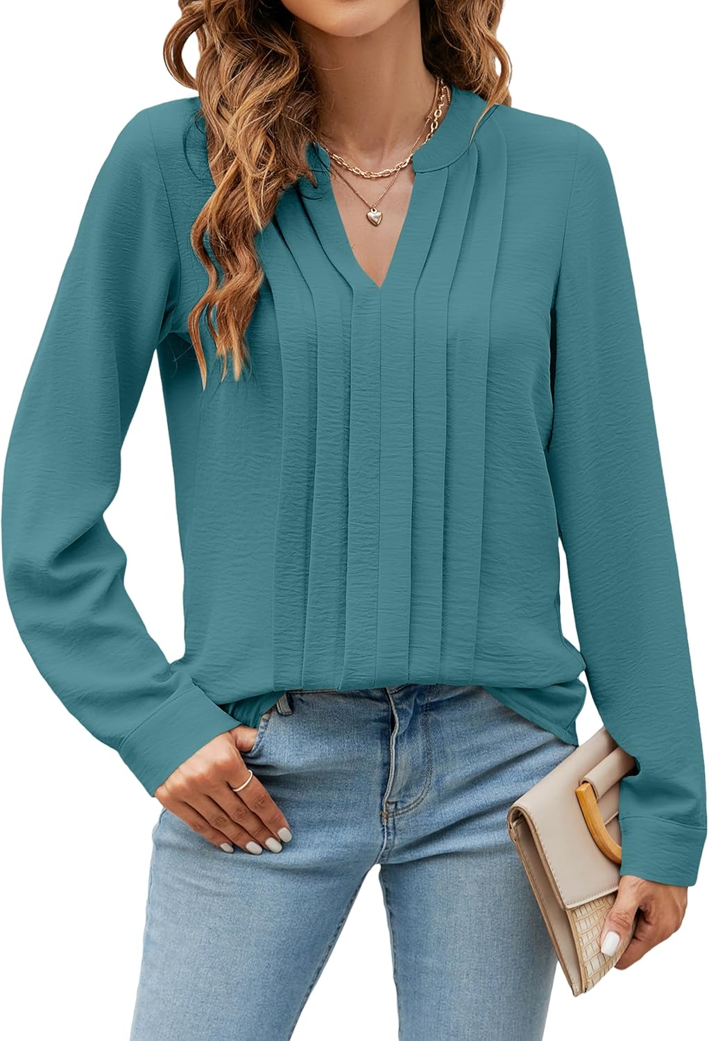 Womens Dressy Casual Blouses Work Tops Long Sleeve V Neck Pleated Shirts Outfits - Picture 32 of 44