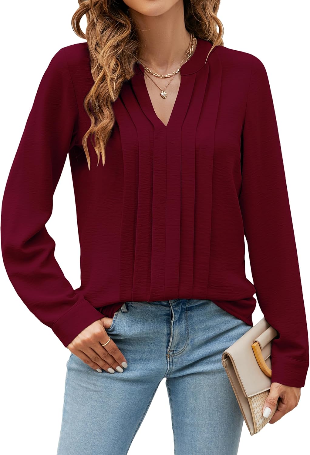 Womens Dressy Casual Blouses Work Tops Long Sleeve V Neck Pleated Shirts Outfits - Picture 35 of 44