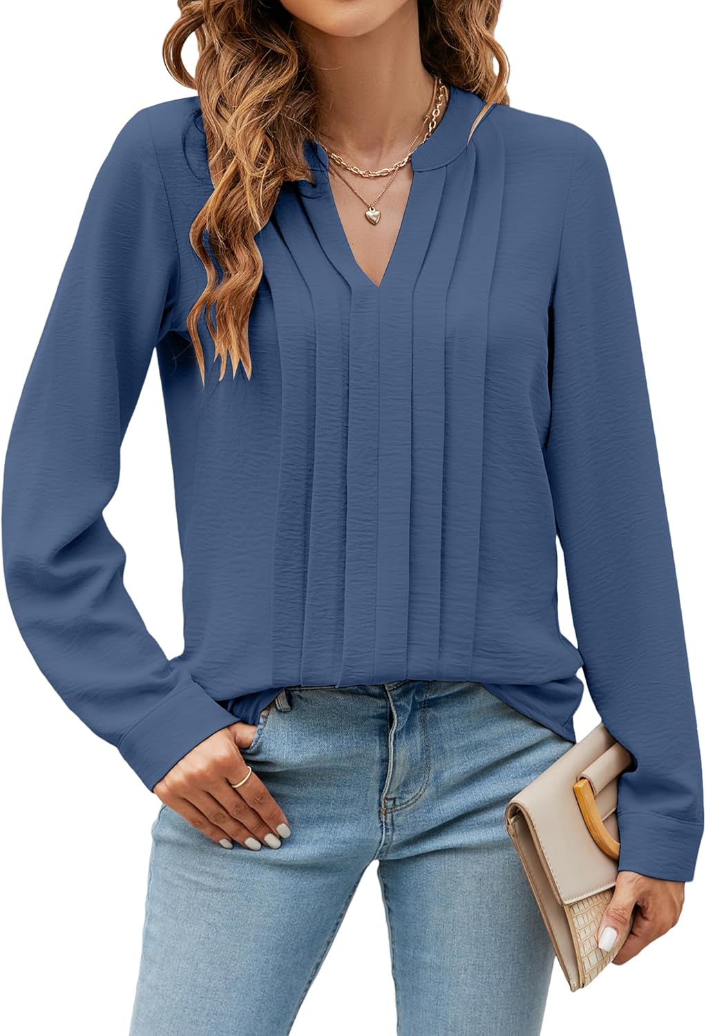 Womens Dressy Casual Blouses Work Tops Long Sleeve V Neck Pleated Shirts Outfits - Picture 36 of 44