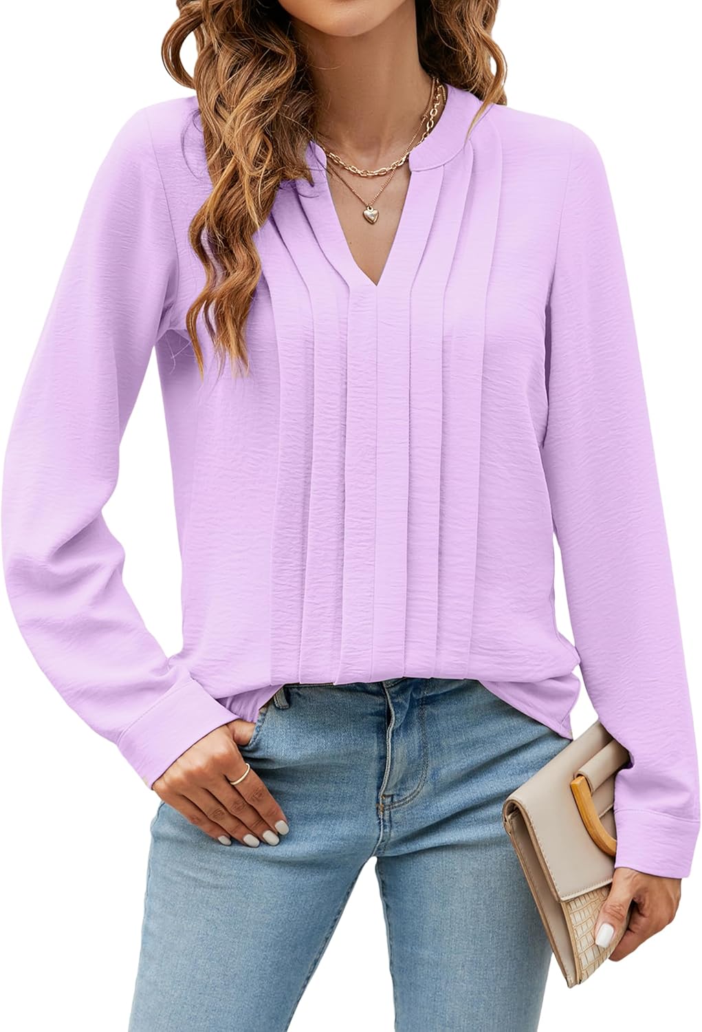 Womens Dressy Casual Blouses Work Tops Long Sleeve V Neck Pleated Shirts Outfits - Picture 38 of 44