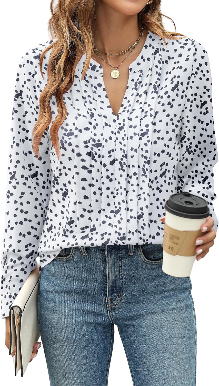 Womens Dressy Casual Blouses Work Tops Long Sleeve V Neck Pleated Shirts Outfits - Picture 39 of 44