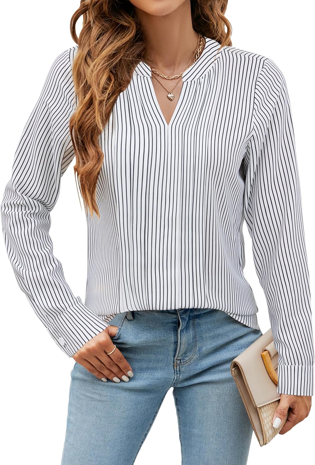 Womens Dressy Casual Blouses Work Tops Long Sleeve V Neck Pleated Shirts Outfits - Picture 44 of 44