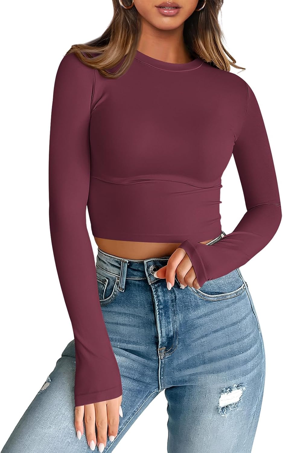 Womens Long Sleeve Crop Tops Basic Slim Fitted Shirts Casual Fashion Y2k Tops