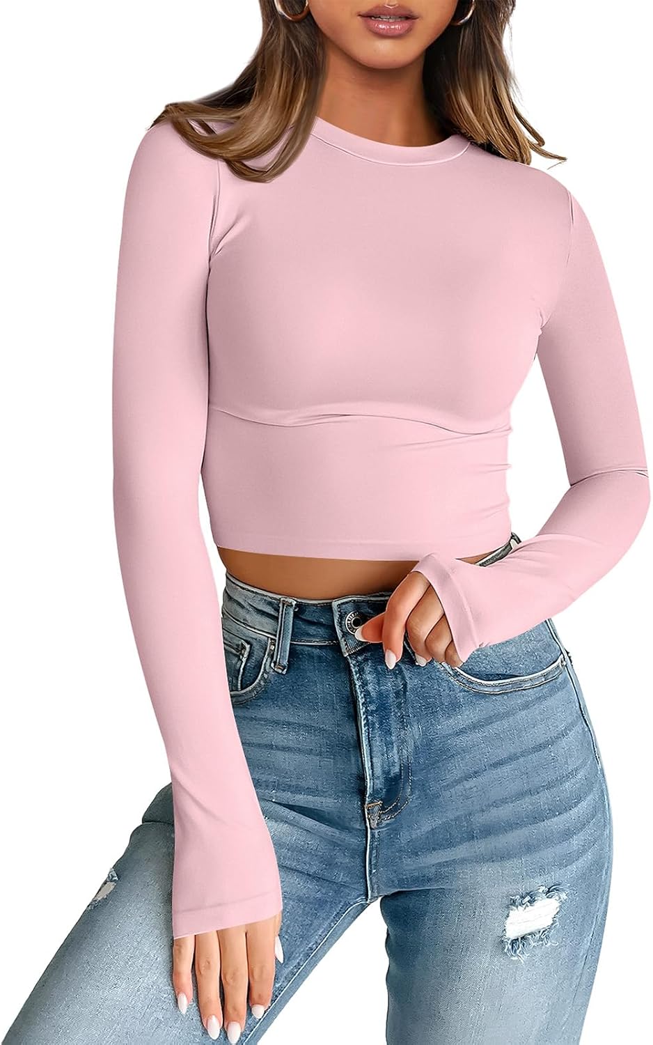 Womens Long Sleeve Crop Tops Basic Slim Fitted Shirts Casual Fashion Y2k Tops