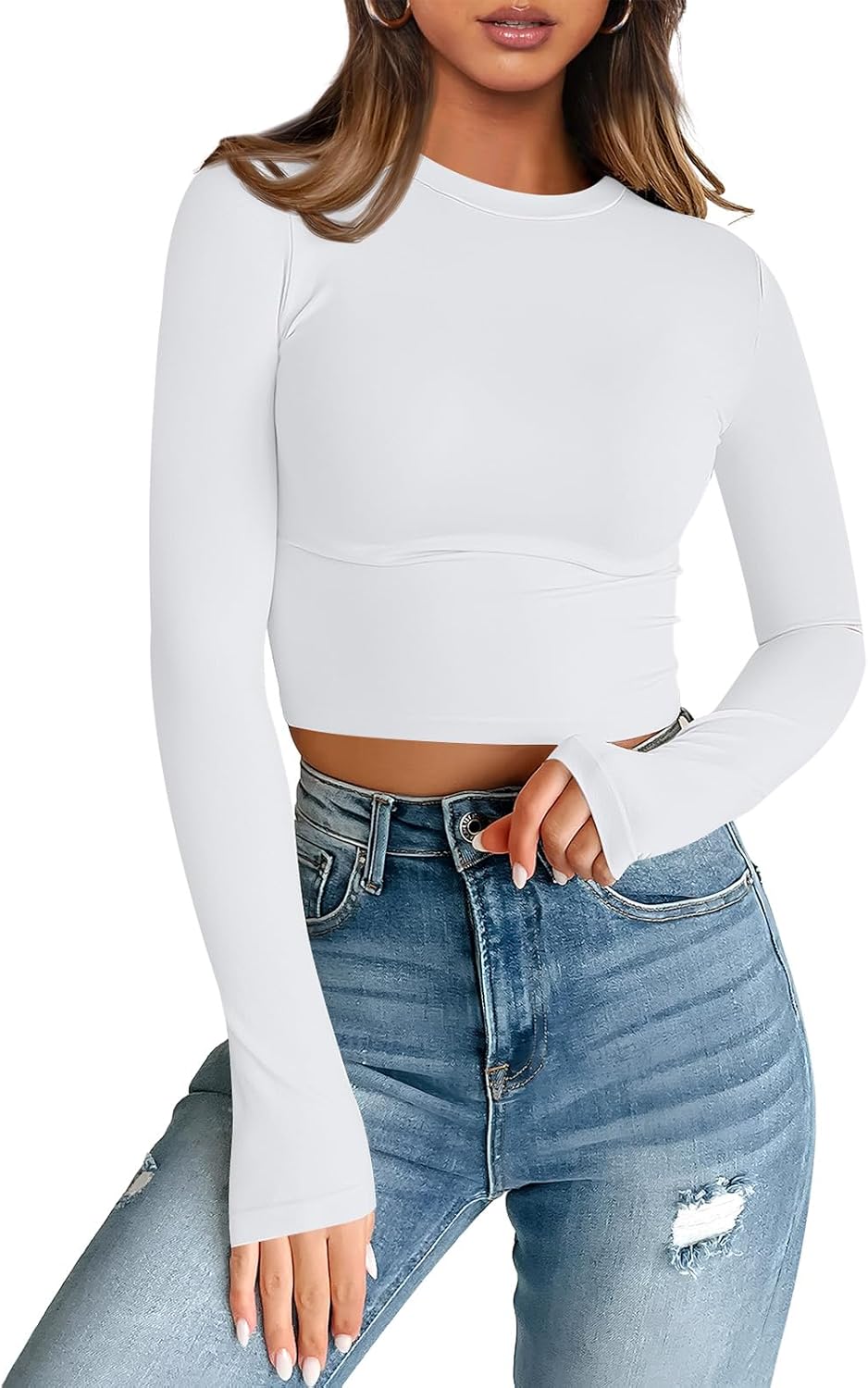 Womens Long Sleeve Crop Tops Basic Slim Fitted Shirts Casual Fashion Y2k Tops