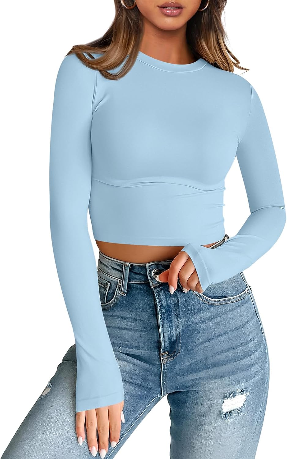 Womens Long Sleeve Crop Tops Basic Slim Fitted Shirts Casual Fashion Y2k Tops