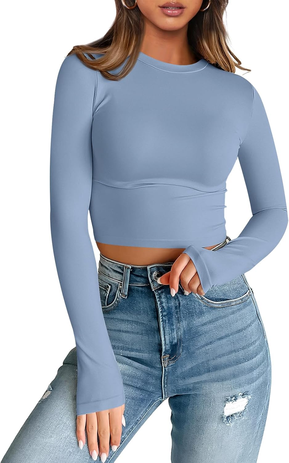 Womens Long Sleeve Crop Tops Basic Slim Fitted Shirts Casual Fashion Y2k Tops