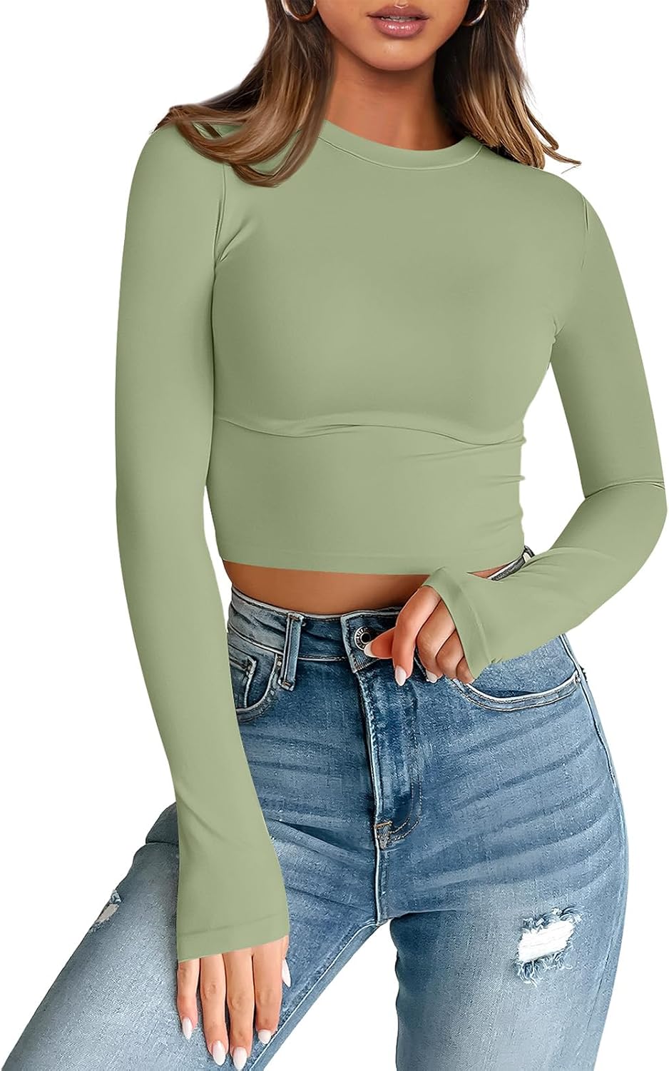 Womens Long Sleeve Crop Tops Basic Slim Fitted Shirts Casual Fashion Y2k Tops