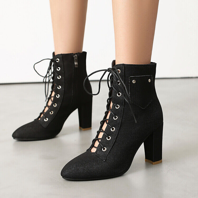 Women Block Heel Ankle Boots Retro Lace Up Denim Short Booties Comfort Shoes - Picture 20 of 22