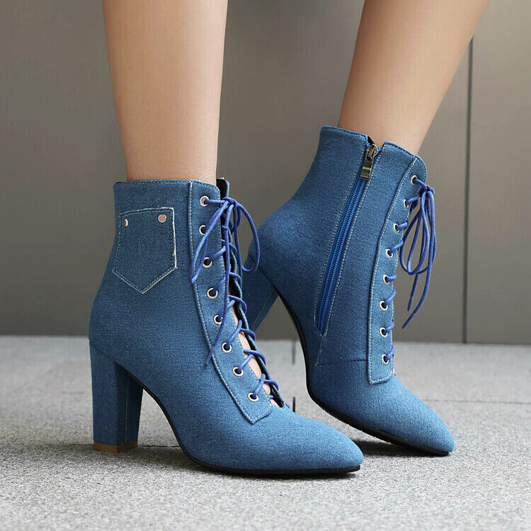 Women Block Heel Ankle Boots Retro Lace Up Denim Short Booties Comfort Shoes - Picture 22 of 22