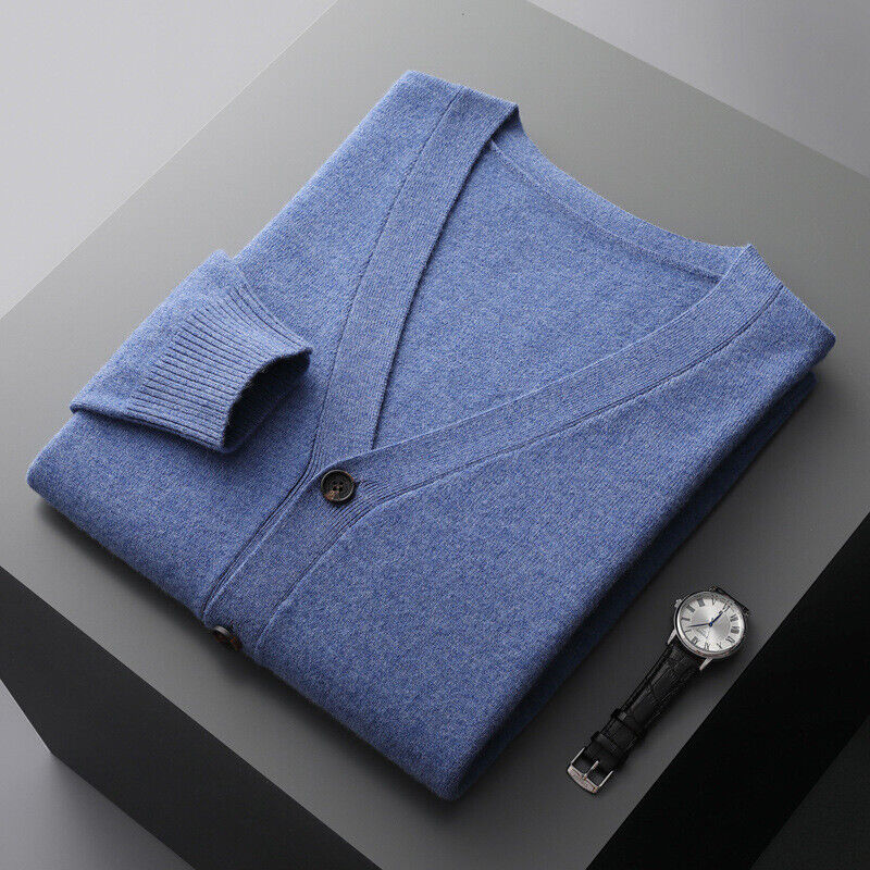 Schurwolle Strickjacke V-Ausschnitt Strick Pullover Jacke Locker Langarm Kaschmir Herren - Bild 20 von 28