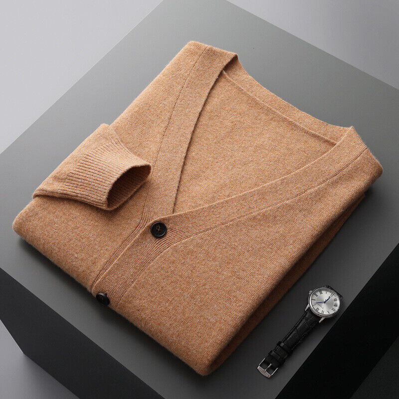 Schurwolle Strickjacke V-Ausschnitt Strick Pullover Jacke Locker Langarm Kaschmir Herren - Bild 25 von 28
