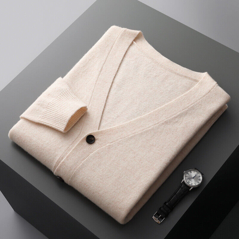 Schurwolle Strickjacke V-Ausschnitt Strick Pullover Jacke Locker Langarm Kaschmir Herren - Bild 24 von 28