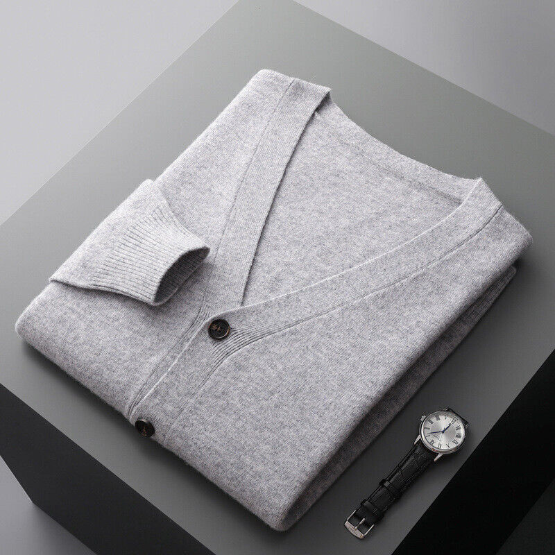 Schurwolle Strickjacke V-Ausschnitt Strick Pullover Jacke Locker Langarm Kaschmir Herren - Bild 23 von 28