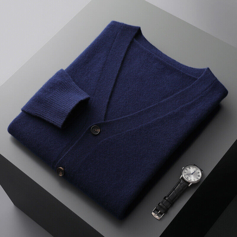 Schurwolle Strickjacke V-Ausschnitt Strick Pullover Jacke Locker Langarm Kaschmir Herren - Bild 19 von 28