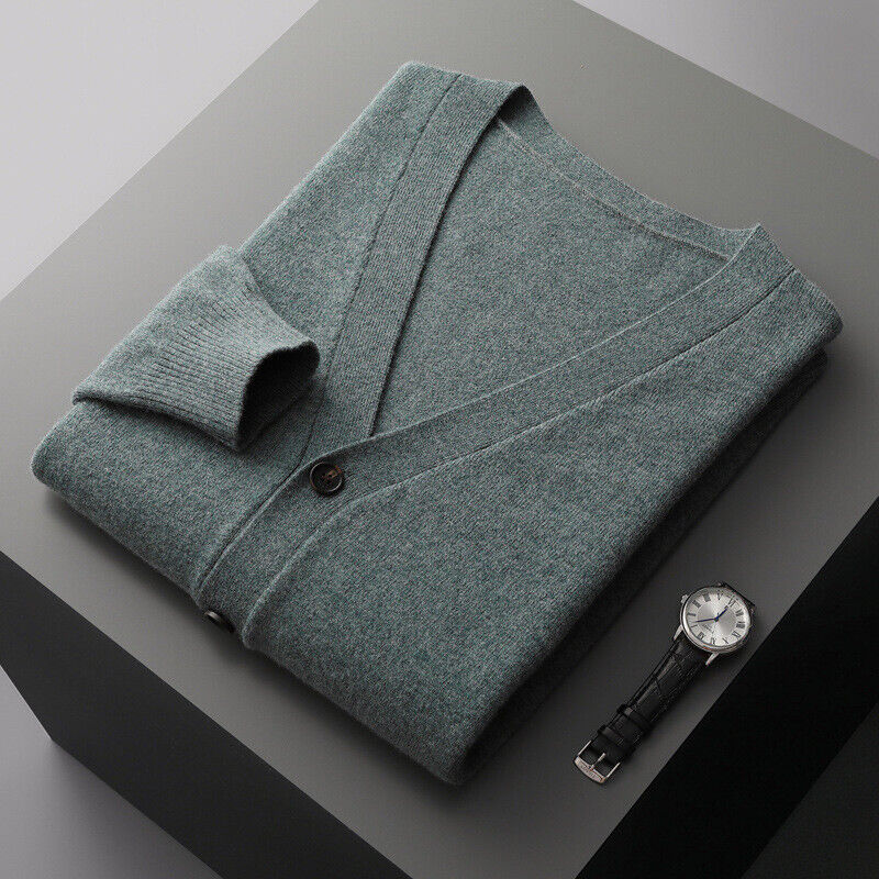 Schurwolle Strickjacke V-Ausschnitt Strick Pullover Jacke Locker Langarm Kaschmir Herren - Bild 21 von 28