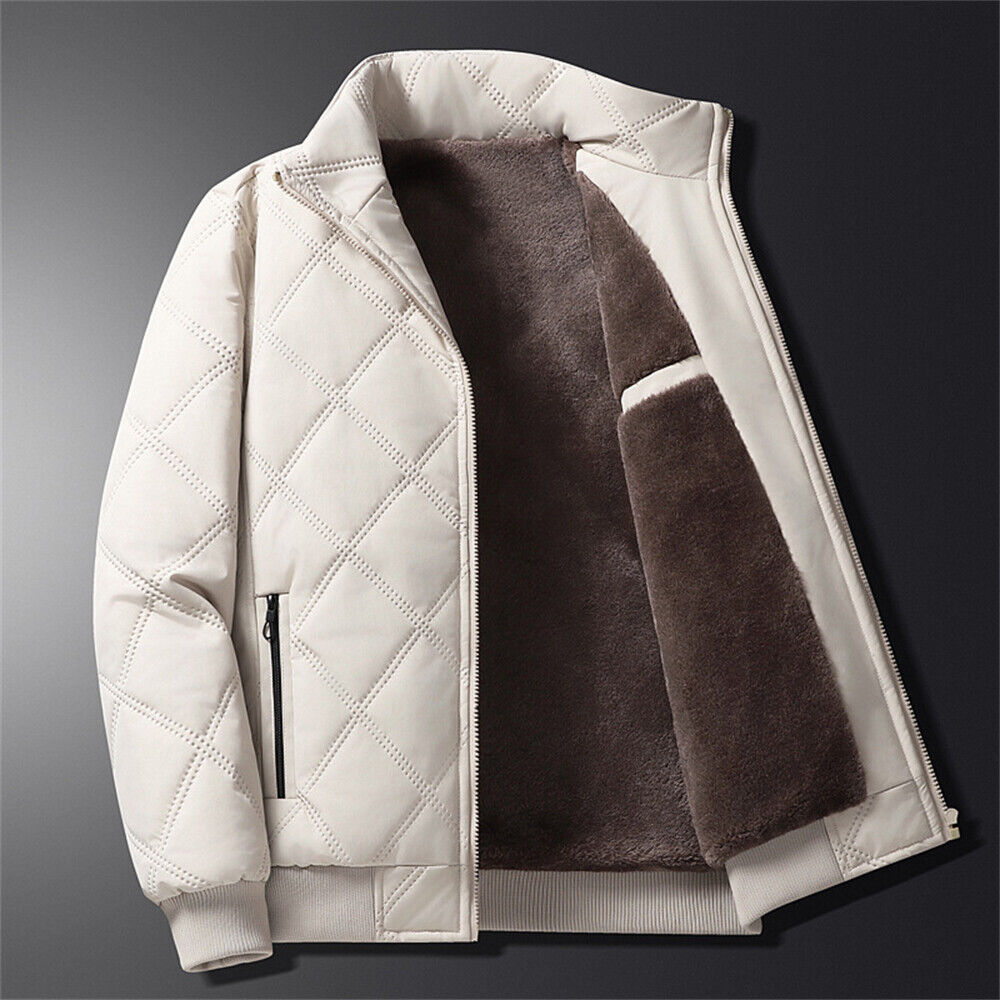 Mens Fleece Warm Quilted Jacket Stand Collar Winter Thermal Padded Coats Outwear