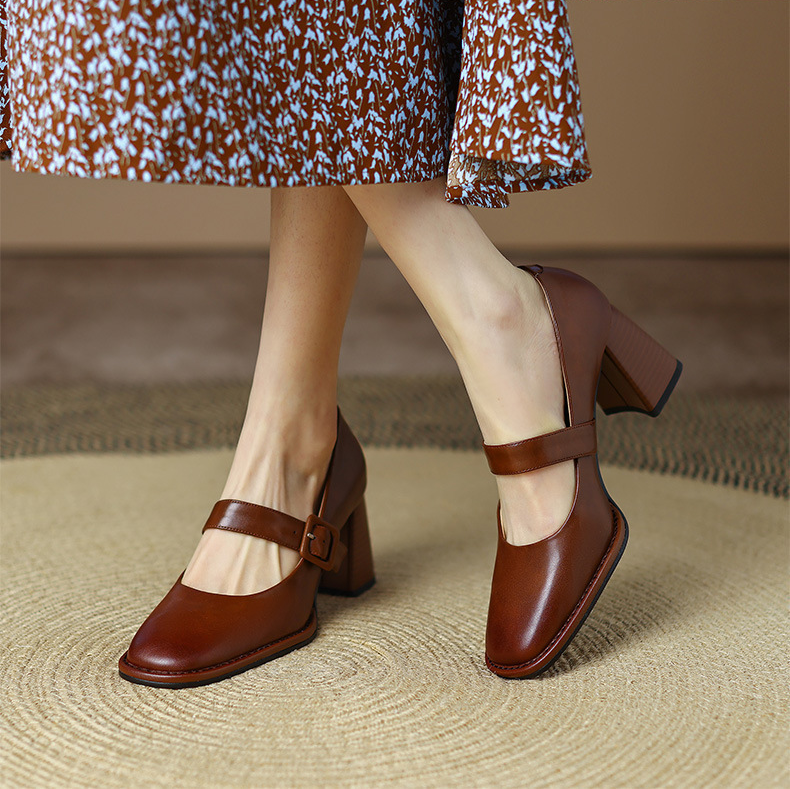 Women Block High Heel French Square Toe Mary Jane Shoes Buckle Strap Pump Dress - Picture 21 of 22