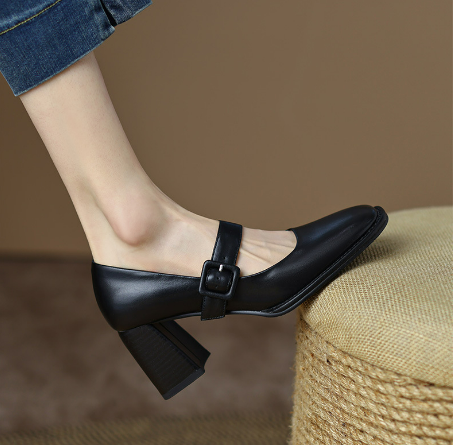 Women Block High Heel French Square Toe Mary Jane Shoes Buckle Strap Pump Dress - Picture 20 of 22