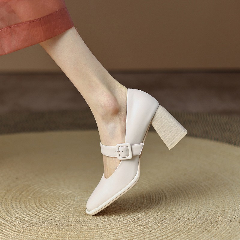 Women Block High Heel French Square Toe Mary Jane Shoes Buckle Strap Pump Dress - Picture 22 of 22
