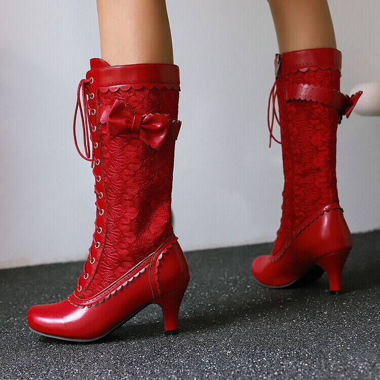 Damas Gatito Tacón Retro Medio Pantorrilla Botas Steampunk Victoria Con Cordones Arcos Botas - Imagen 19 de 20