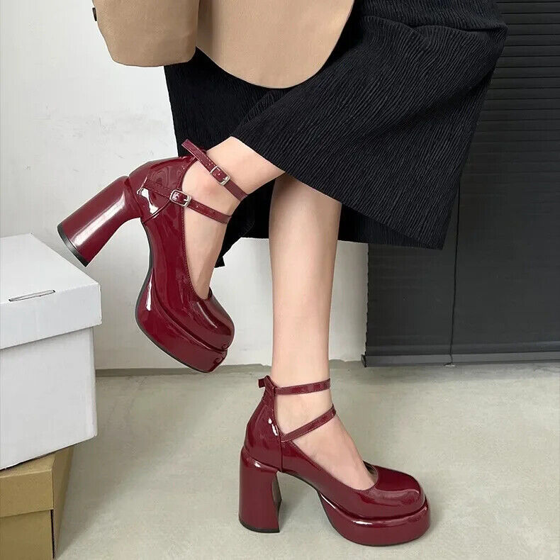 Scarpe donna moda plateau Mary Jane doppia fibbia tacco spesso decolte tacco alto - Foto 18 di 19