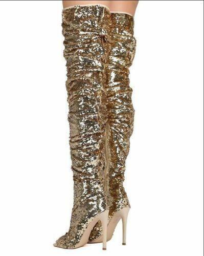 Sequins Women's Over Knee Thigh High Slouchy Peep Toe Stiletto Performance Boots - Picture 15 of 16