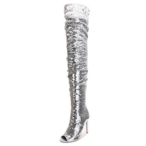 Sequins Women's Over Knee Thigh High Slouchy Peep Toe Stiletto Performance Boots - Picture 16 of 16