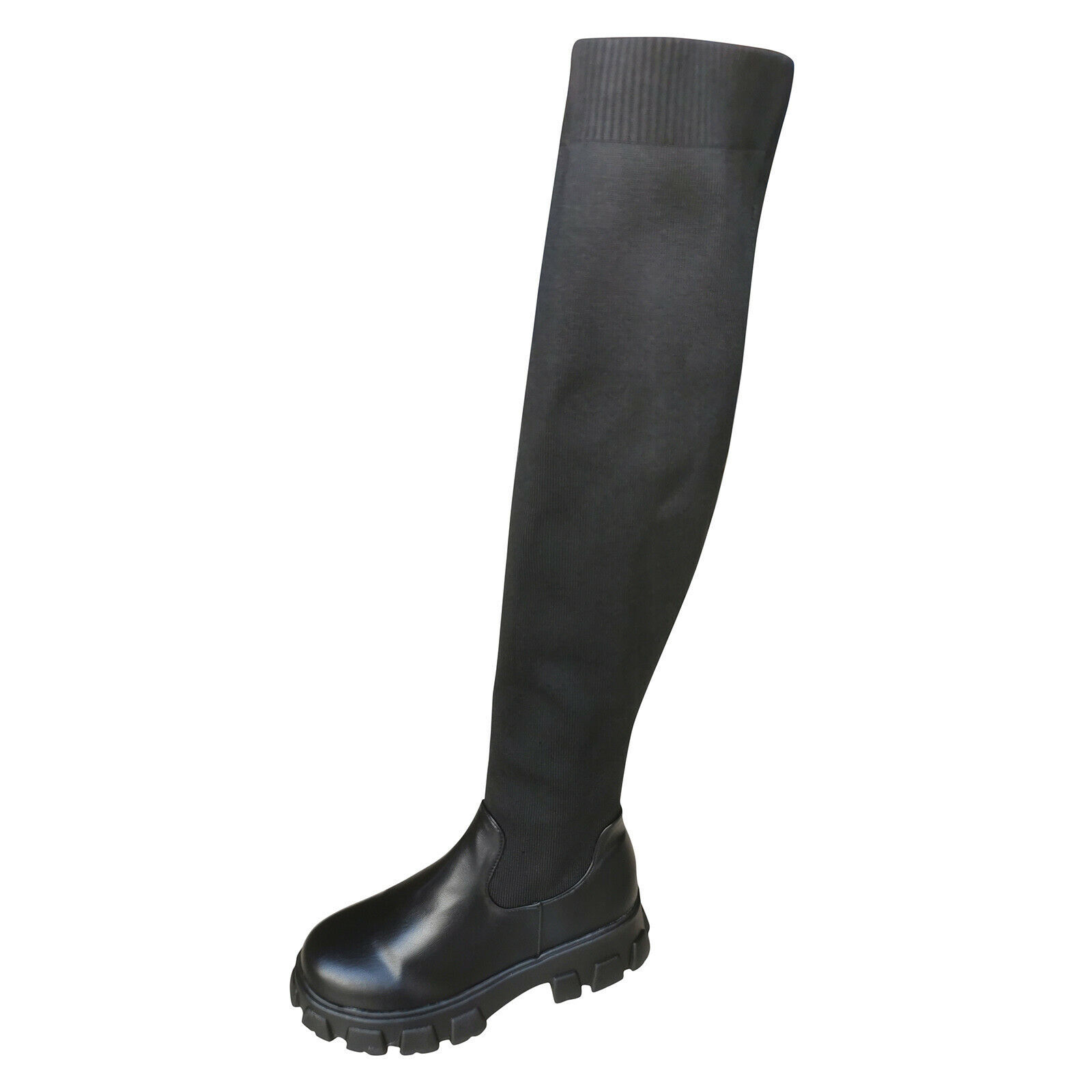 Womens Boots Punk Stretch Knitted Over Knee Thigh High Block Heels Knight Boots - Picture 11 of 15