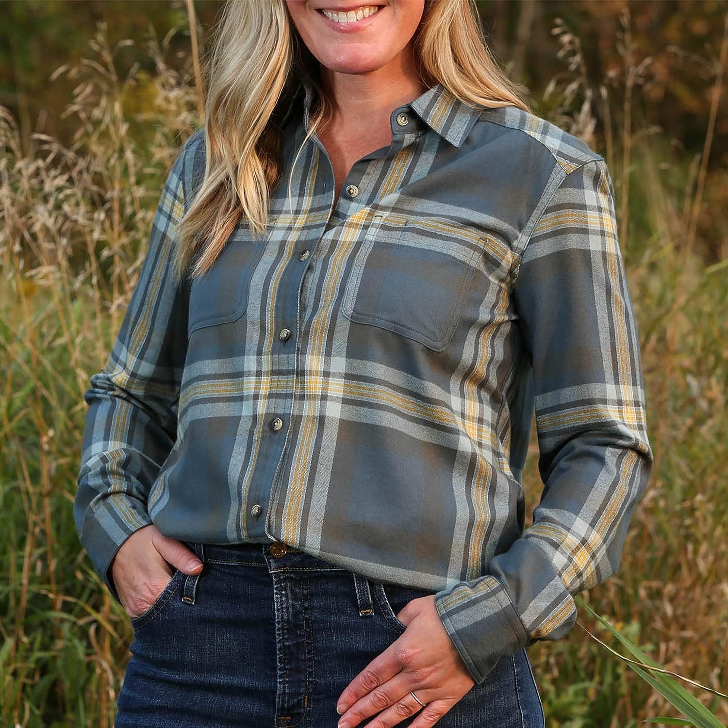 Womens Button Classic-Fit Shirts Plaid Long Sleeve Collared Business Casual Tops - Picture 24 of 81
