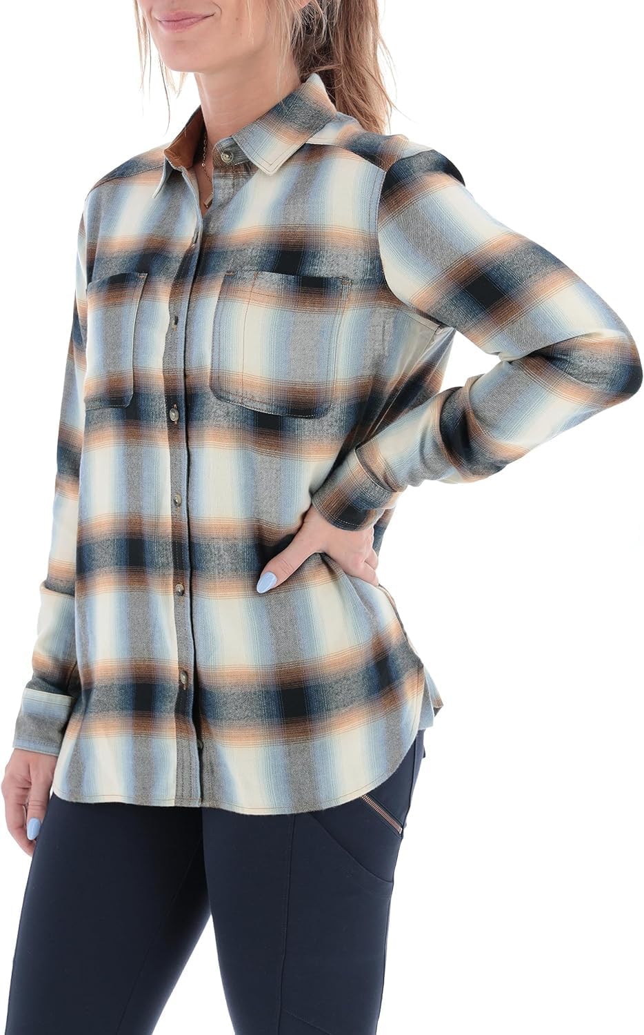 Womens Button Classic-Fit Shirts Plaid Long Sleeve Collared Business Casual Tops - Picture 29 of 81