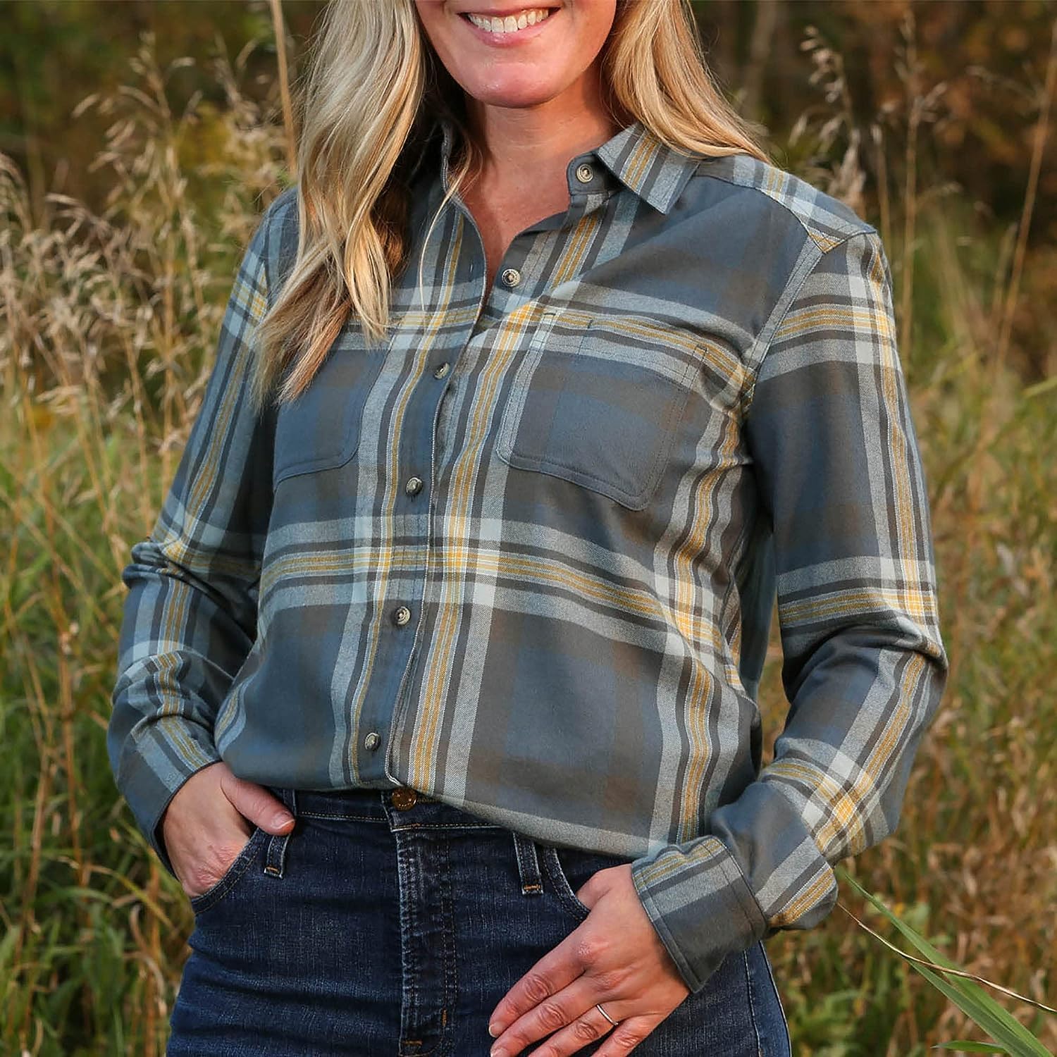 Womens Button Classic-Fit Shirts Plaid Long Sleeve Collared Business Casual Tops - Picture 42 of 81