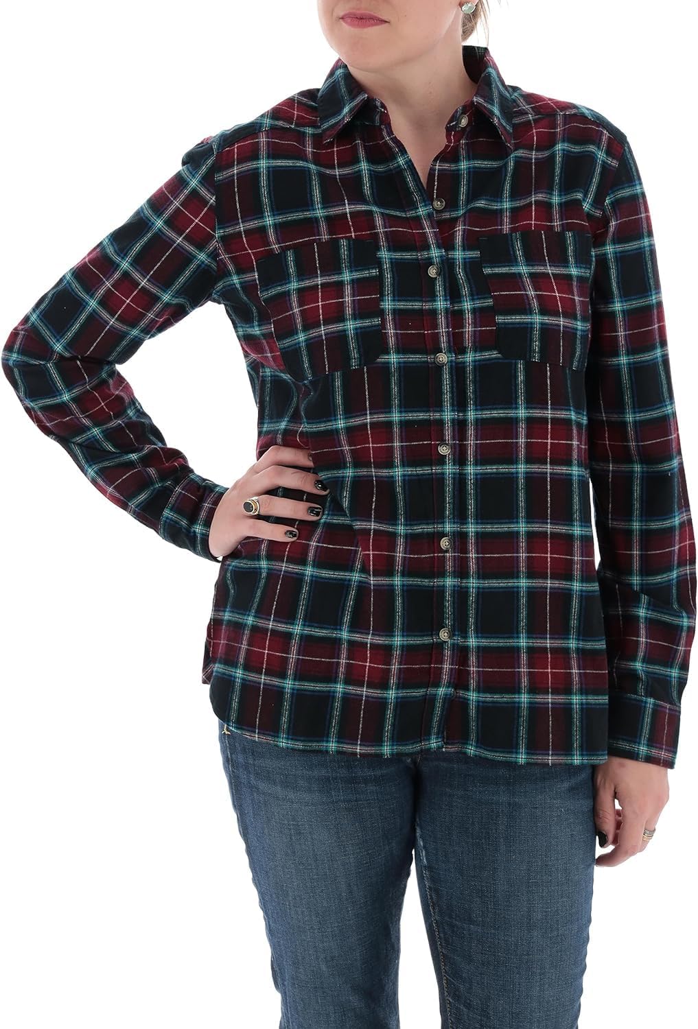 Womens Button Classic-Fit Shirts Plaid Long Sleeve Collared Business Casual Tops - Picture 64 of 81