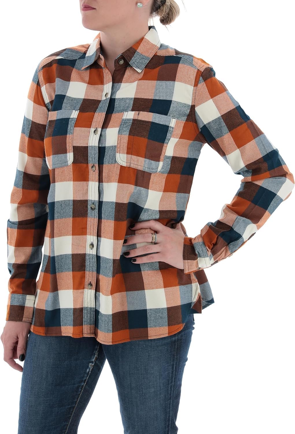 Womens Button Classic-Fit Shirts Plaid Long Sleeve Collared Business Casual Tops - Picture 77 of 81