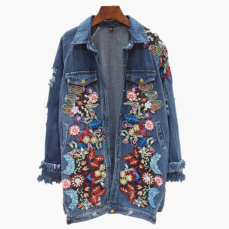 Flower Jacket Women Autumn Mid-length Jean Coat - Picture 21 of 21
