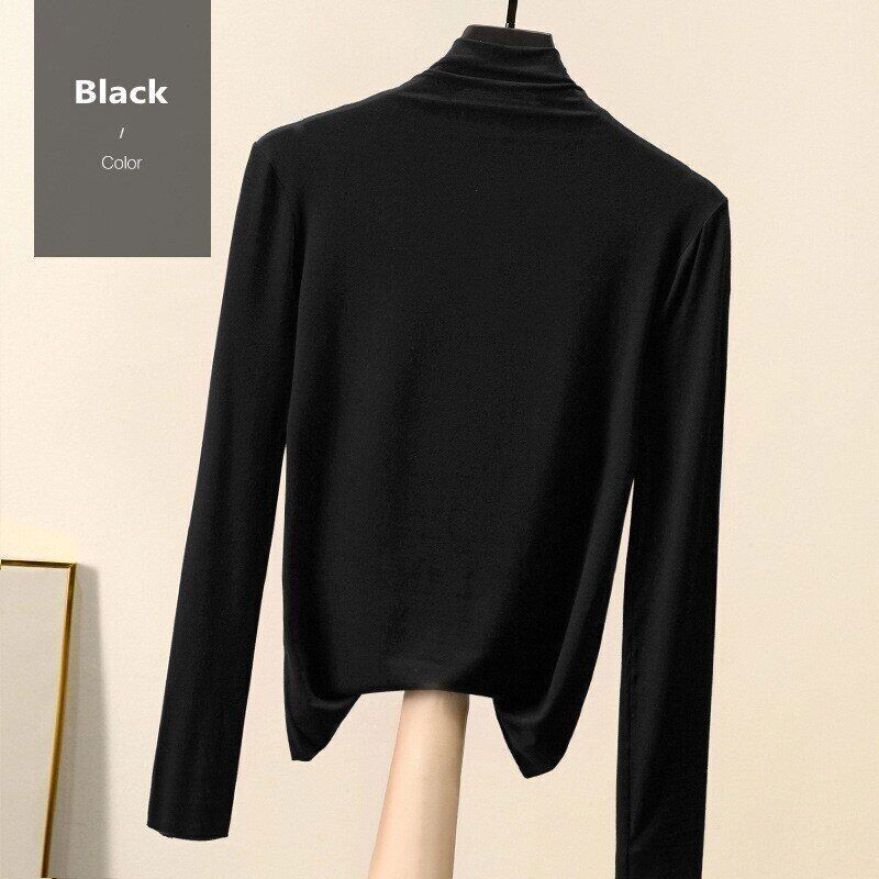 Women T-shirt Autumn Winter Mock Neck Slim Tee Shirt Solid Basic Tops Undershirt