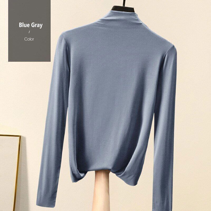 Women T-shirt Autumn Winter Mock Neck Slim Tee Shirt Solid Basic Tops Undershirt