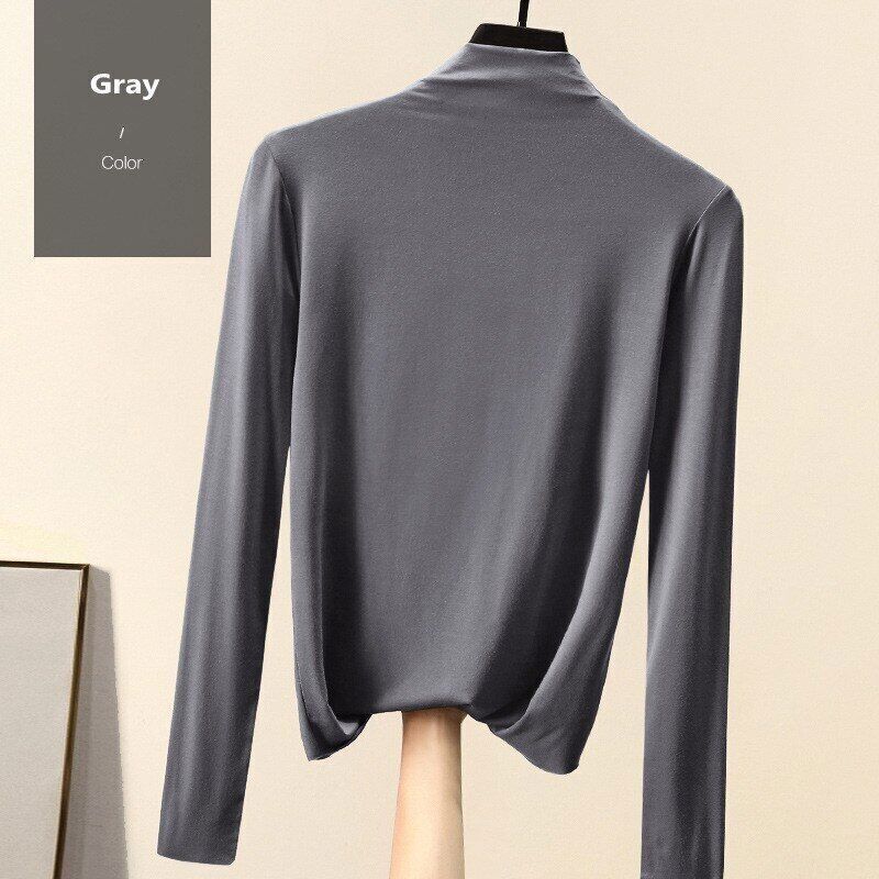 Women T-shirt Autumn Winter Mock Neck Slim Tee Shirt Solid Basic Tops Undershirt